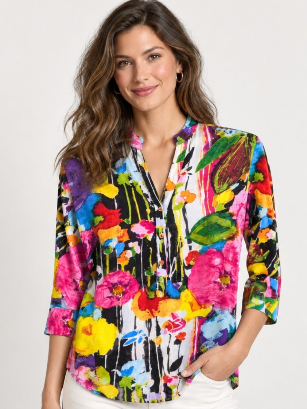 Jams World Vintage XS Bouquet Hawaiian 3/4 Sleeve Button Down Shirt Floral Multi